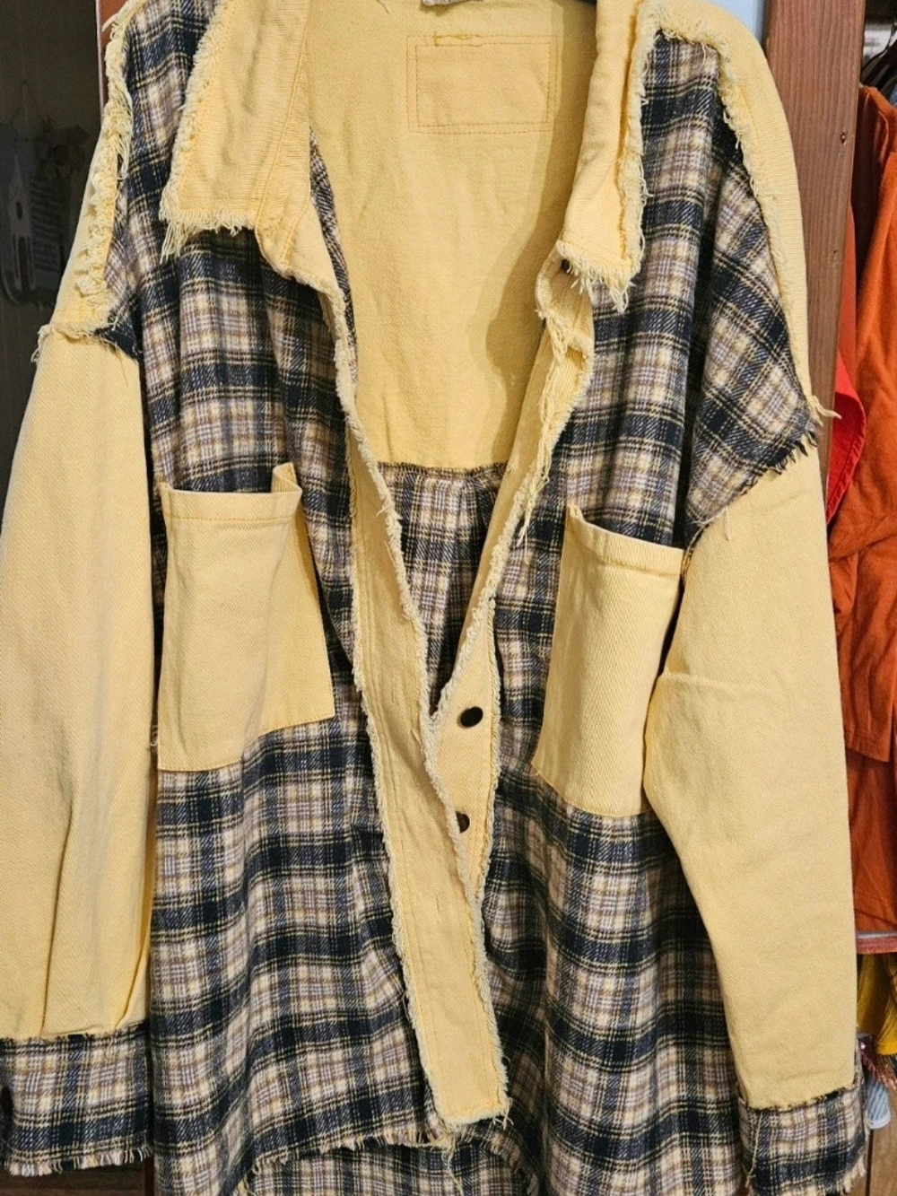 POL Yellow and Navy Plaid Patchwork Utility Jacket